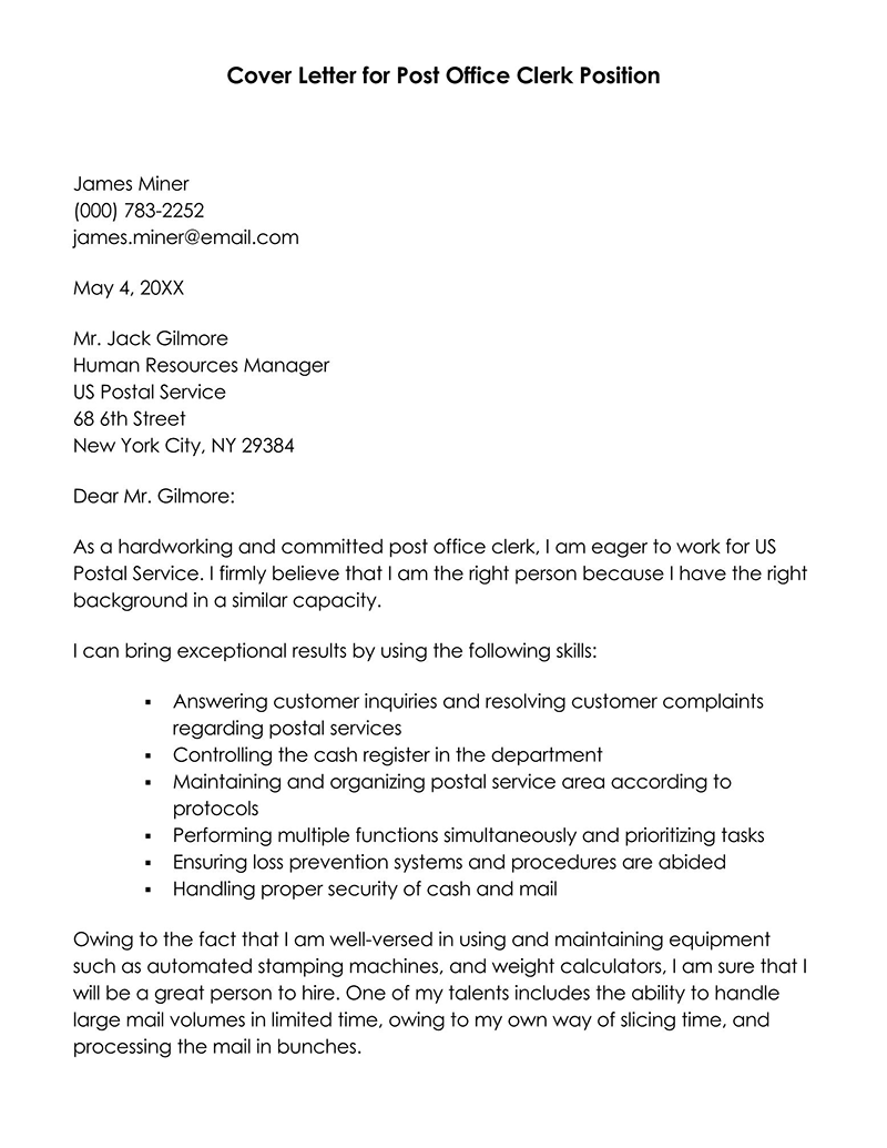 Great Downloadable Postal Clerk Cover Letter Sample 02 for Word Format