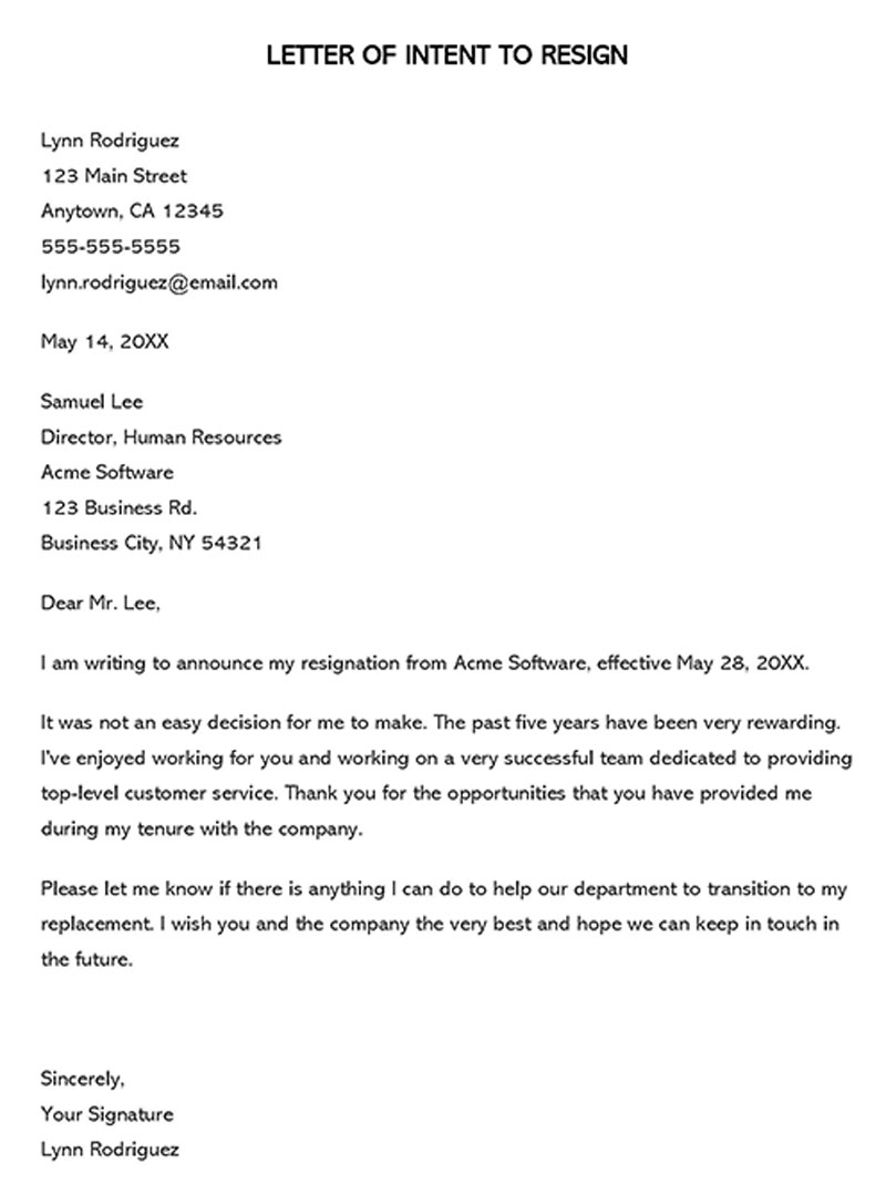 letter of intent to resign teacher
