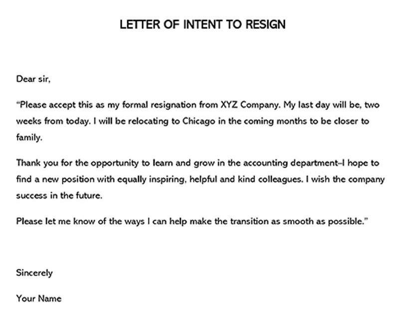 Free Downloadable Relocation Intent to Resign Letter Template as Word File