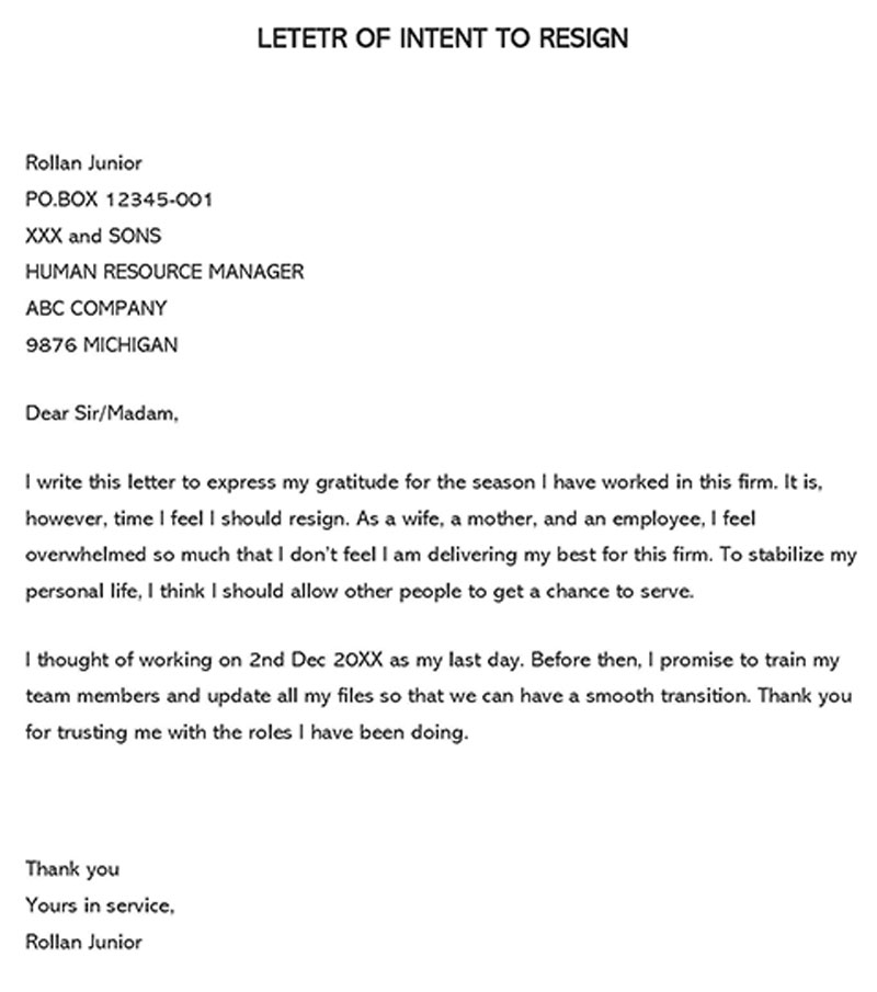 Letter Of Intent To Resign Samples Templates letter-of-intent-to-resign-samples-templates