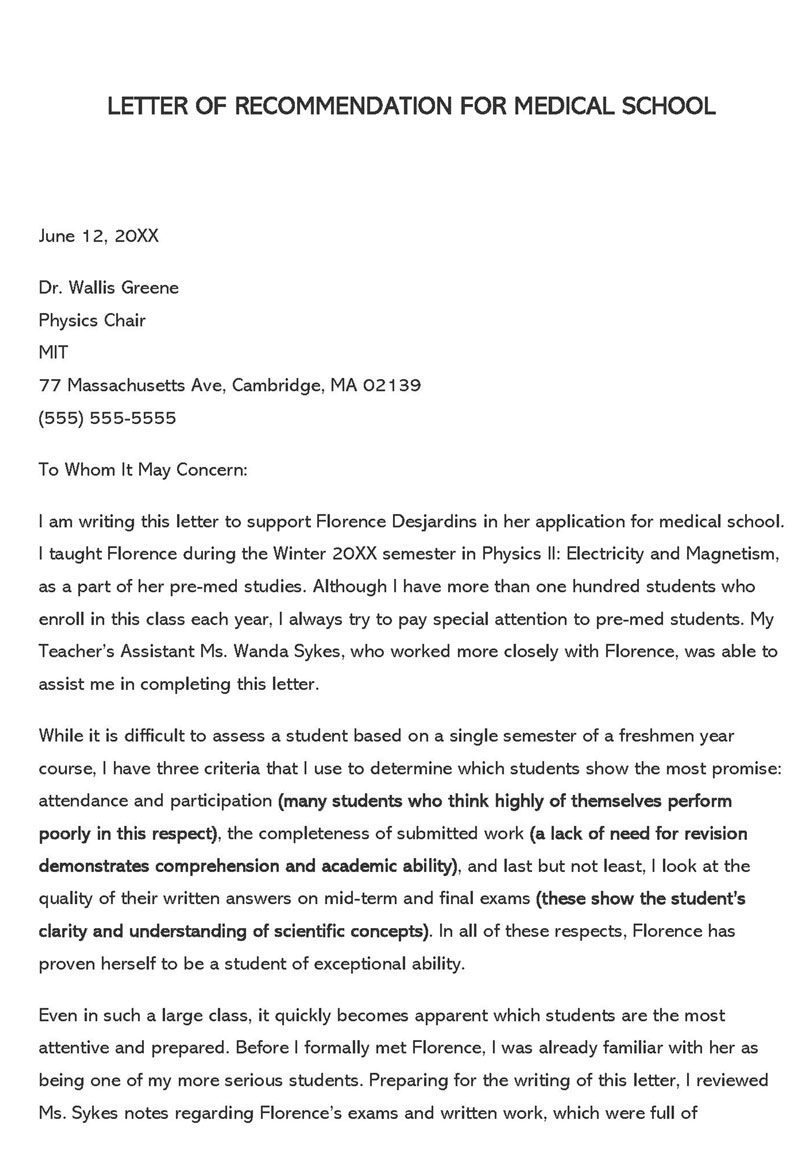 Free Medical School Letter of Recommendation Sample 03 for Word