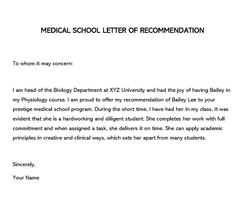 Free Medical School Letter of Recommendation Sample 05 for Word