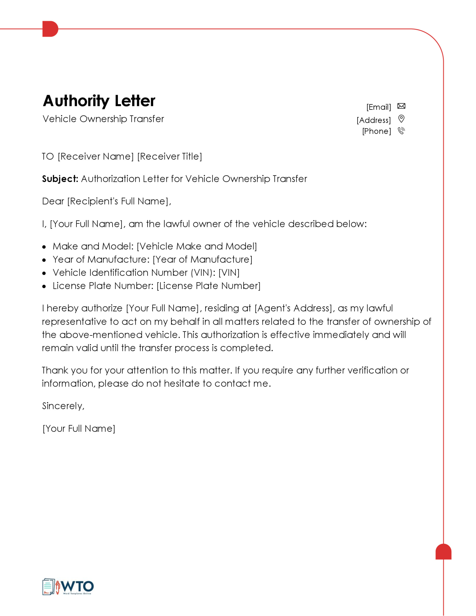 Free Authorization Letter of Vehicle Ownership Transfer Template 01 for Word File