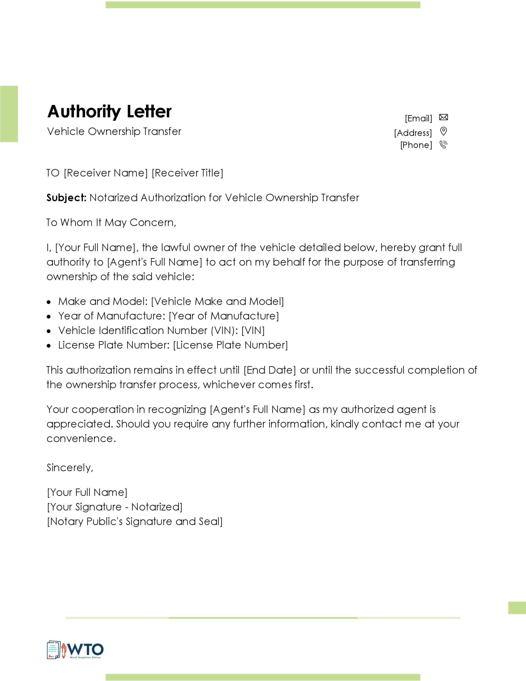 Authorization Letter Transfer Vehicle Ownership Letter Template-Ms Word Format