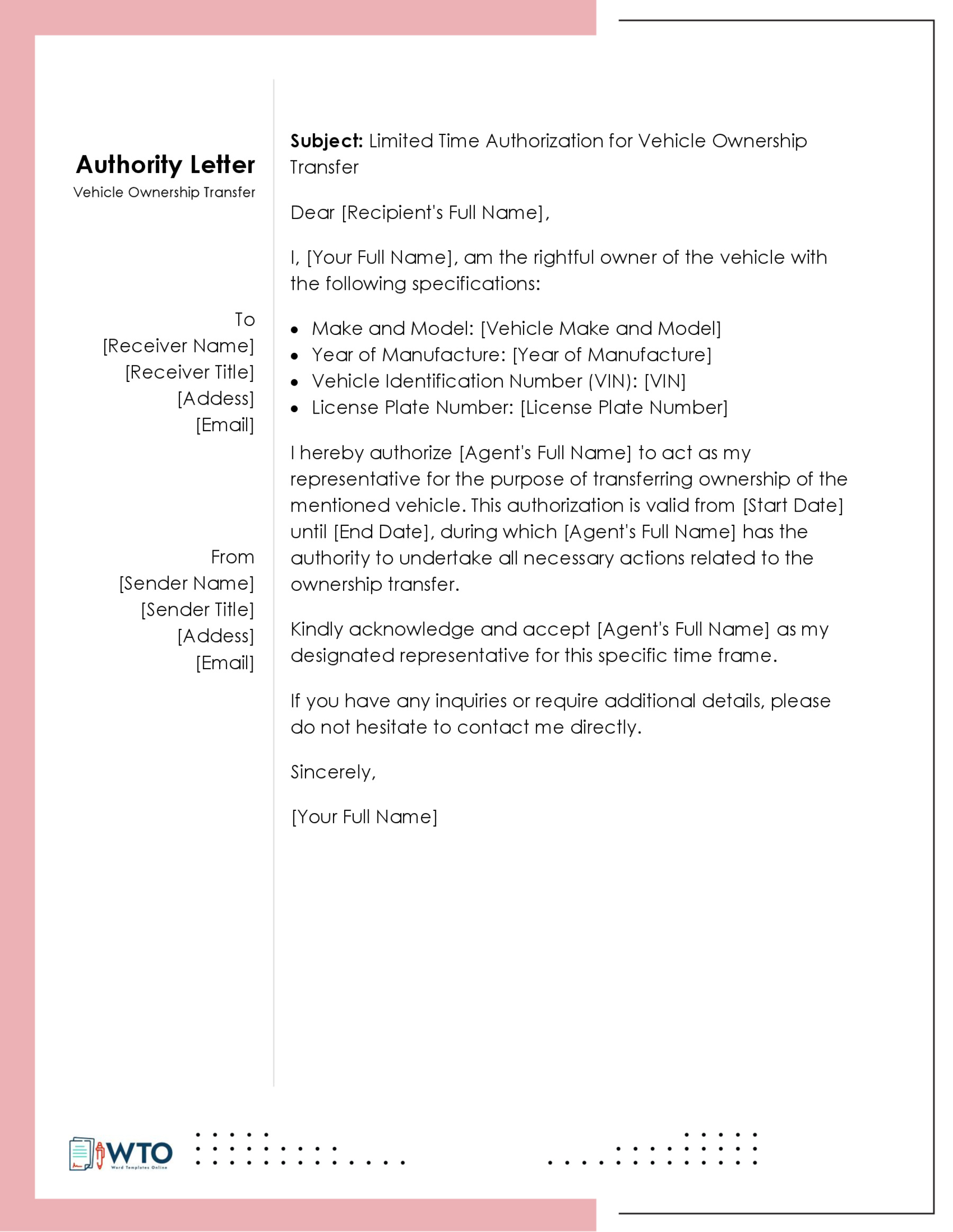 Authorization Letter Transfer Vehicle Ownership Letter Template-Word Format