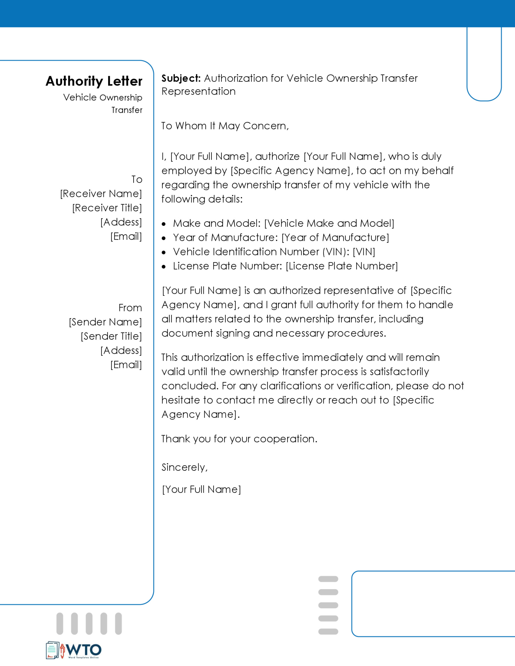Authorization Letter Transfer Vehicle Ownership Letter Template-Downloadable Word Format