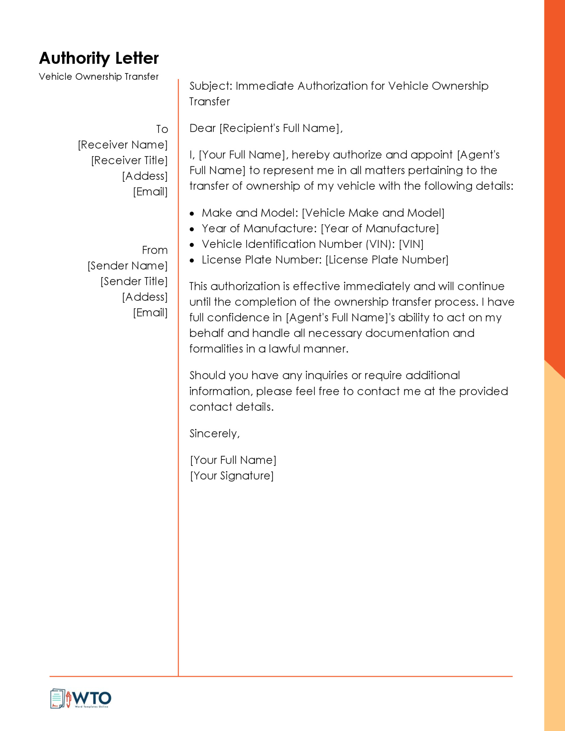 Authorization Letter Transfer Vehicle Ownership Letter Template-Free in Ms word