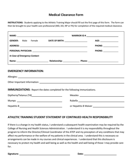 Sample Medical Clearance Forms (Dental, Surgery, Work, etc.)