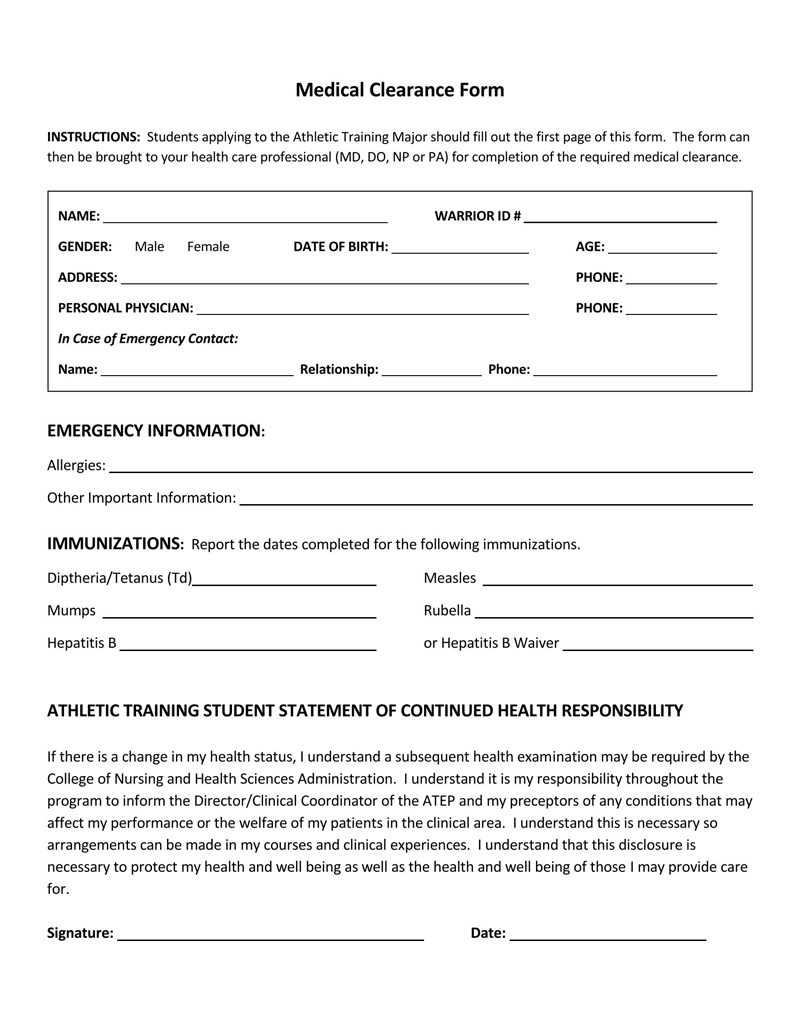 Free medical clearance form sample