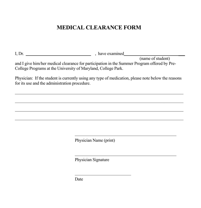 Example of a free medical clearance form