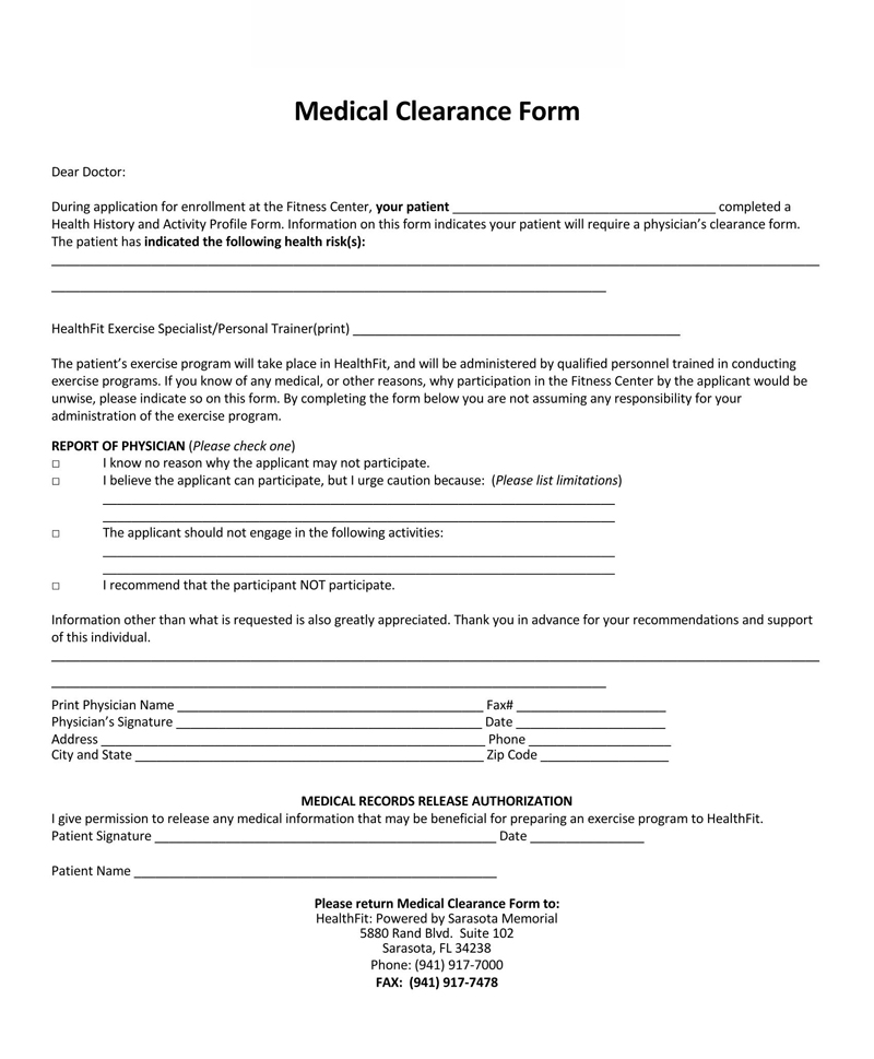 medical clearance form personal training