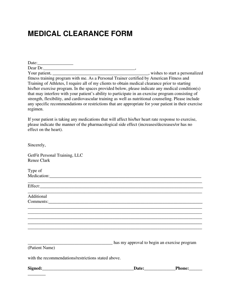 Printable medical clearance form example