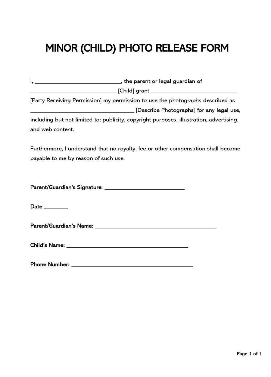 Printable Minor (child) Photo Release Form Sample