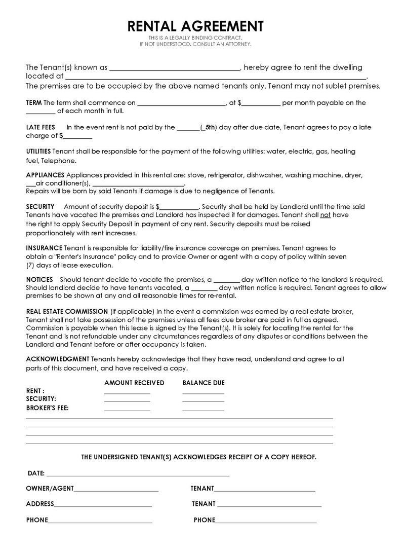 Printable One Page Rental Agreement Template Sample