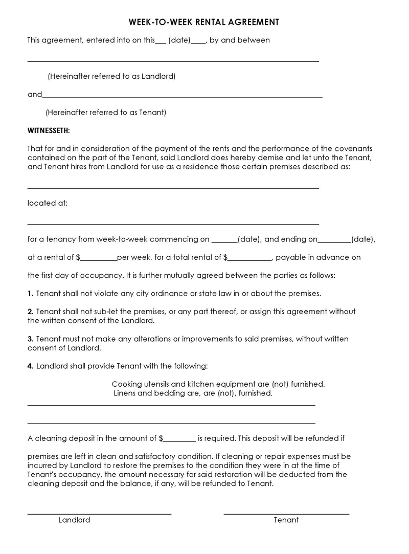 Example of a One Page Rental Agreement Template in PDF