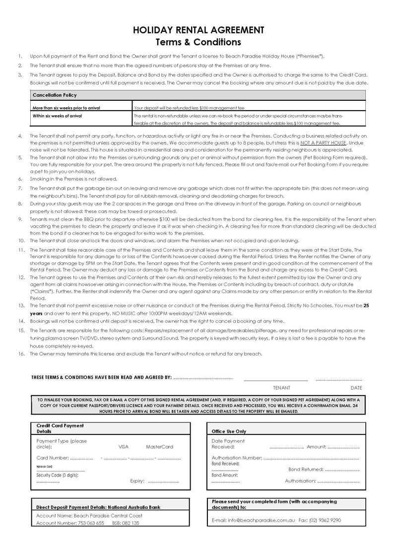 Sample One Page Rental Agreement Template for Free