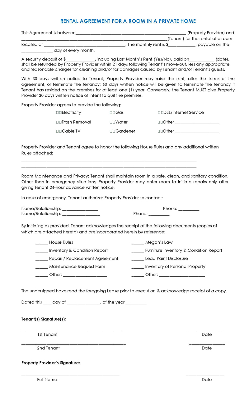 Free Printable Room Rental Agreement Template 01 as Word Document