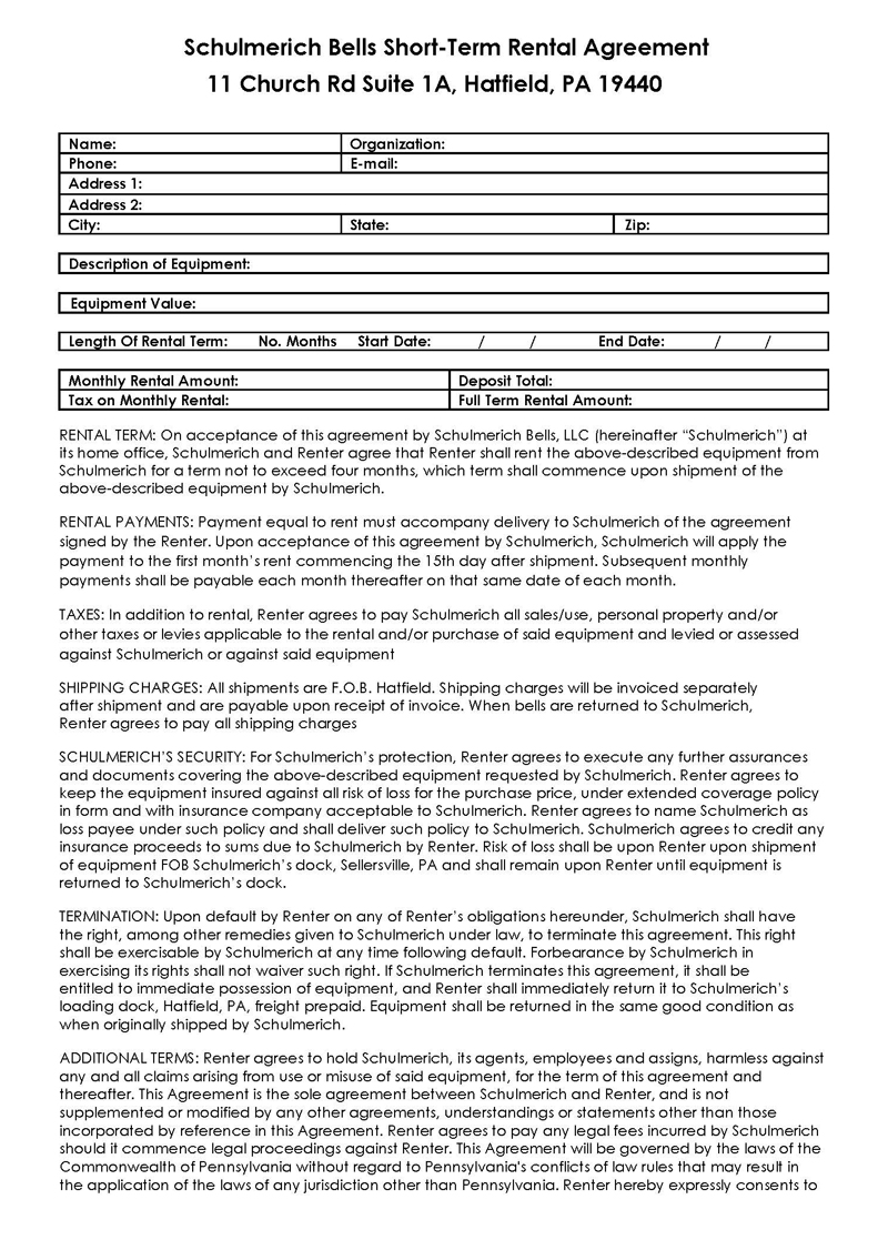 One Page Rental Agreement Template in Word Format
