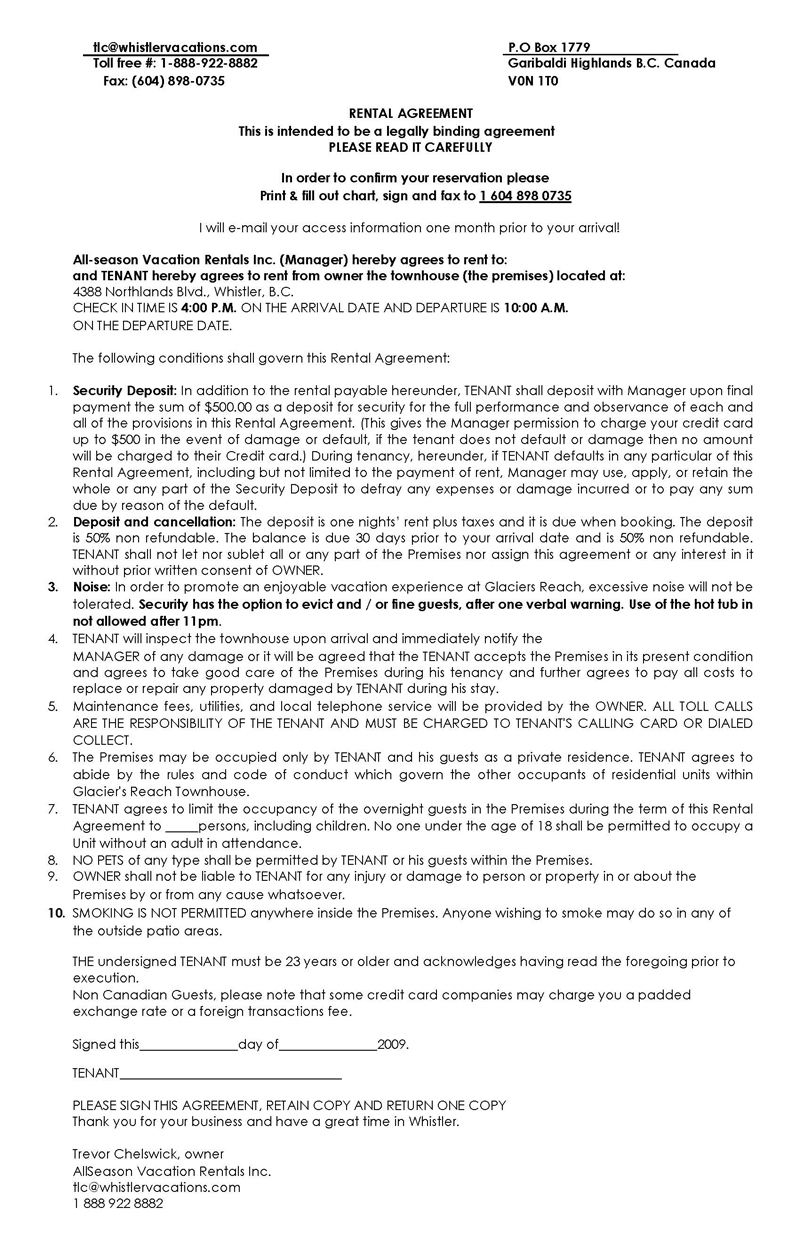 Example of a Printable One Page Rental Agreement Template