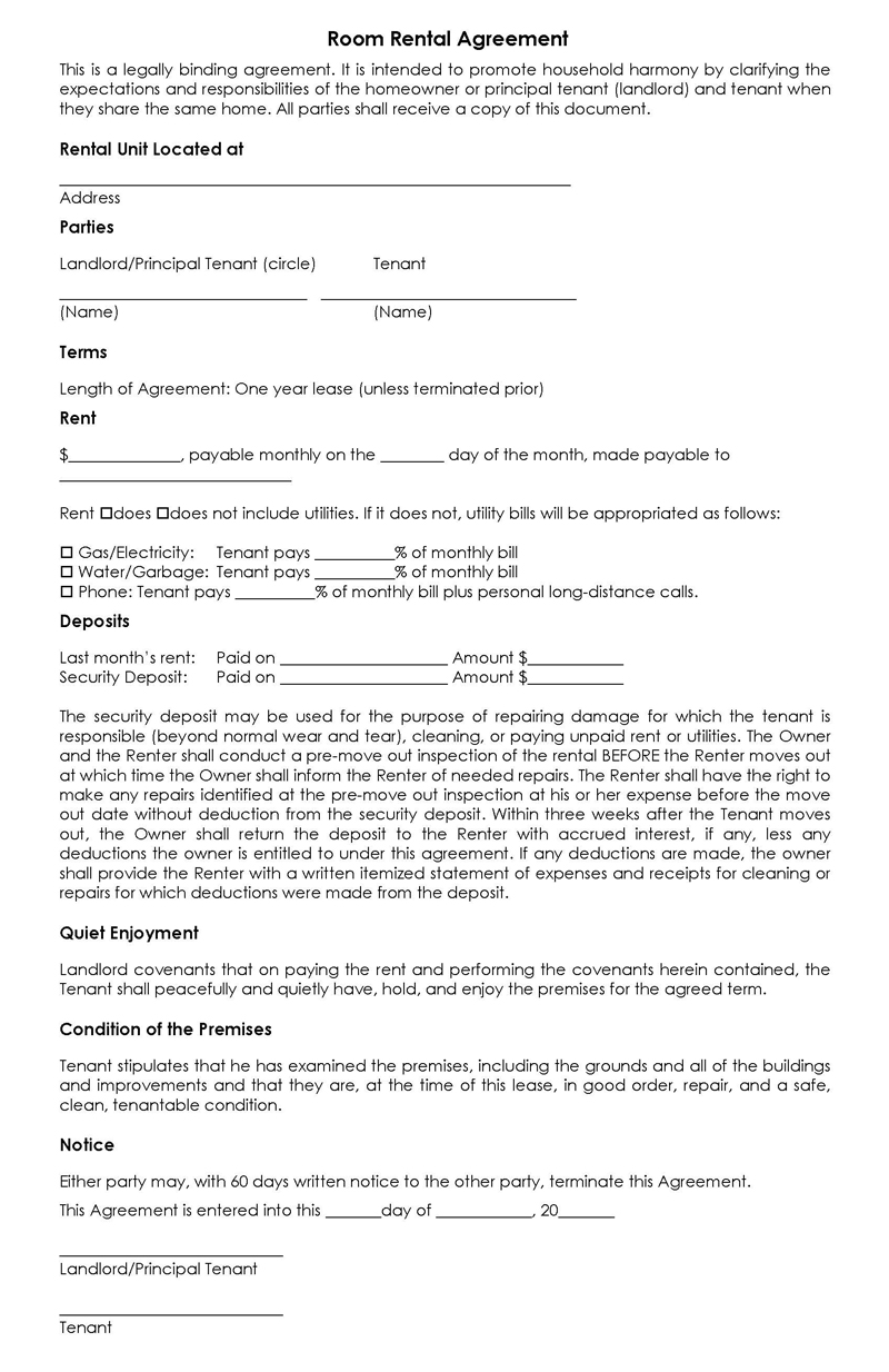 Great Downloadable Room Rental Agreement Template 02 as Word File