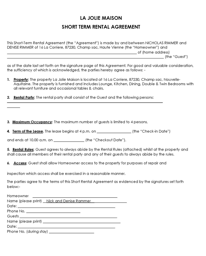 Editable One Page Rental Agreement Template Form