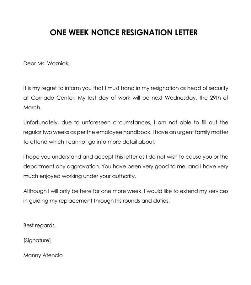 Editable one week resignation letter template"