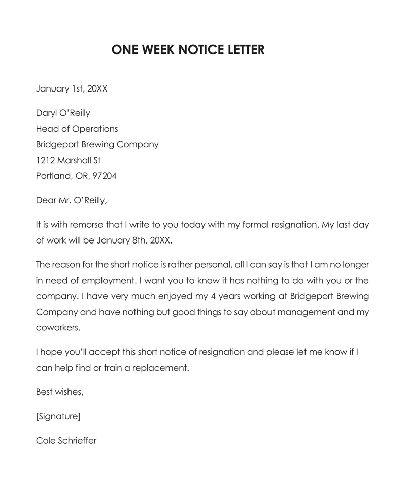 "Free sample of one week resignation letter"