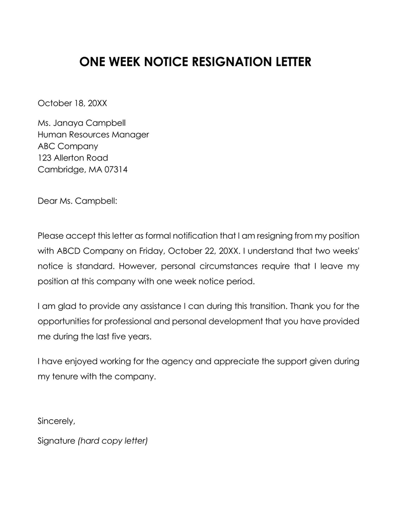 Professional Editable HR Manager One-Week Resignation Notice Letter Sample for Word Format