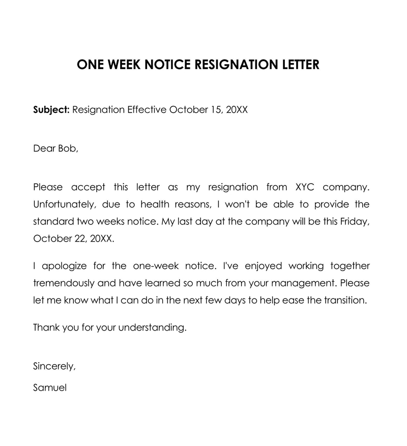 "Editable one week resignation letter in Word