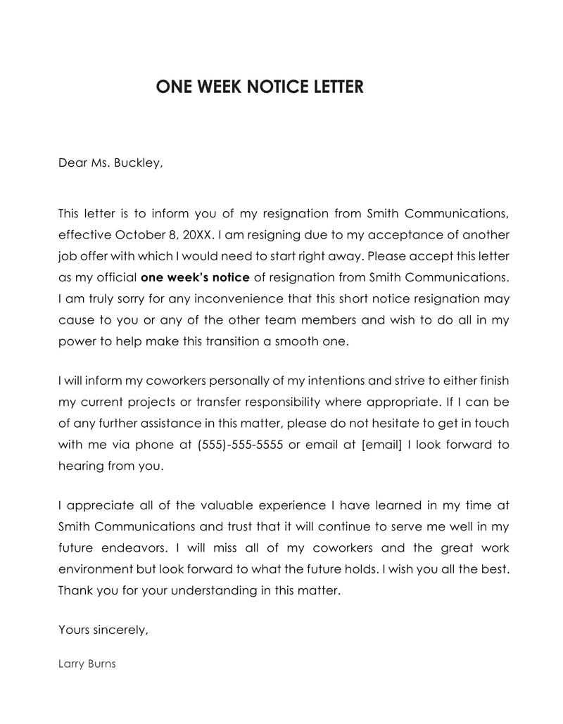Simple one week resignation letter template"