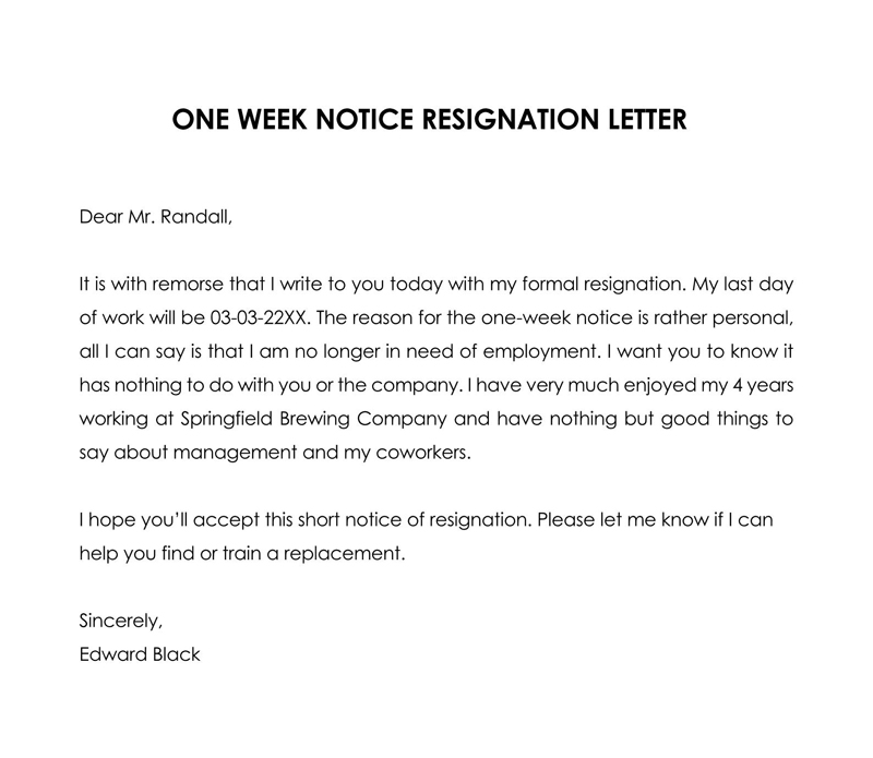 "Free editable one week resignation letter"
