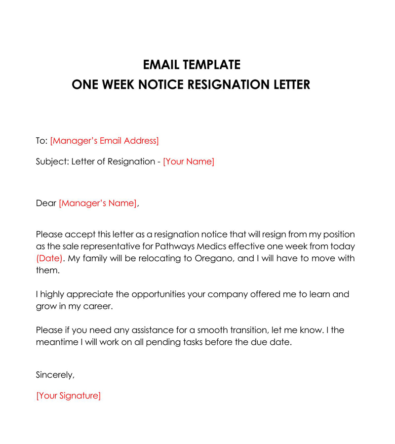 "Sample one week resignation letter template