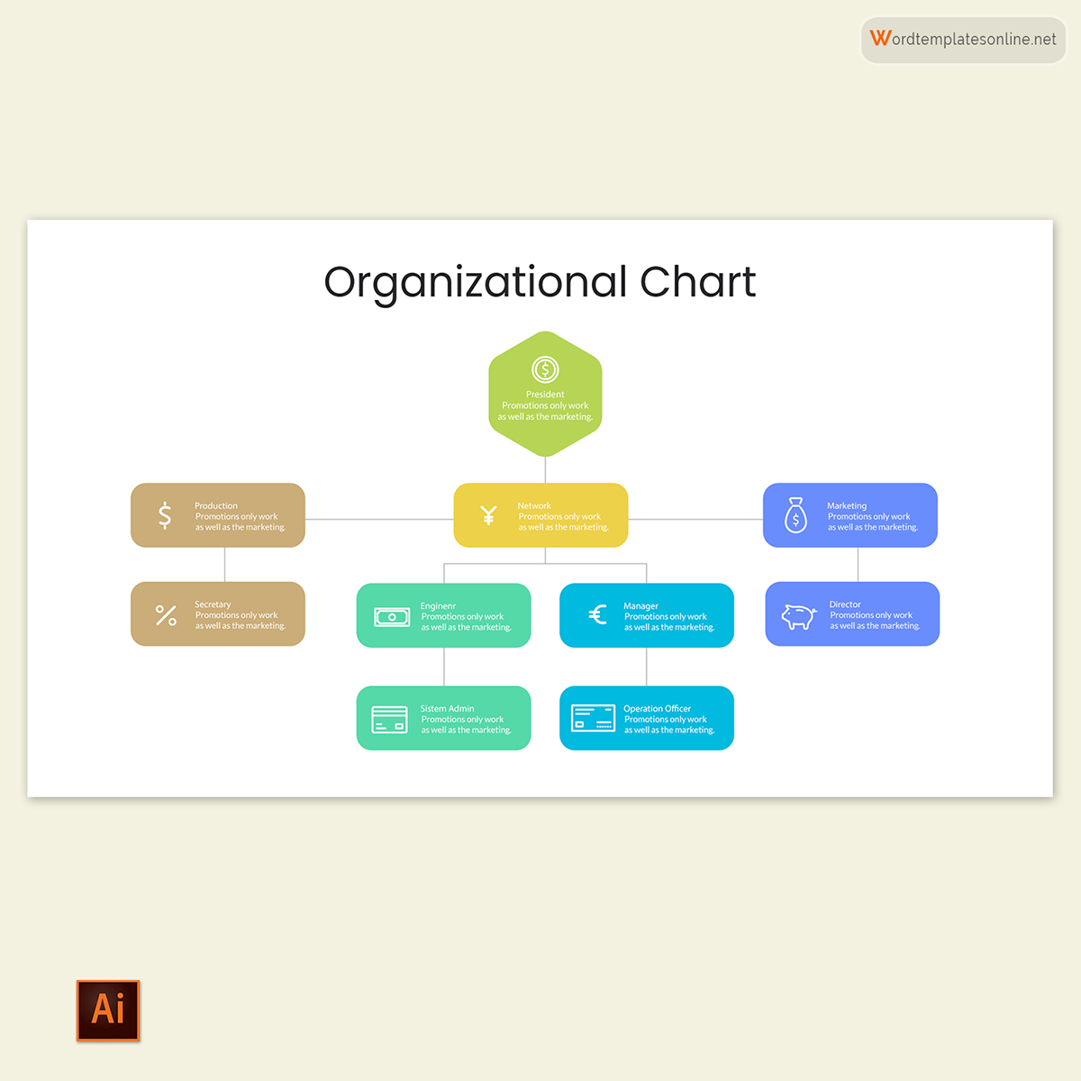 Editable Organizational Chart Template 12 for Illustrator