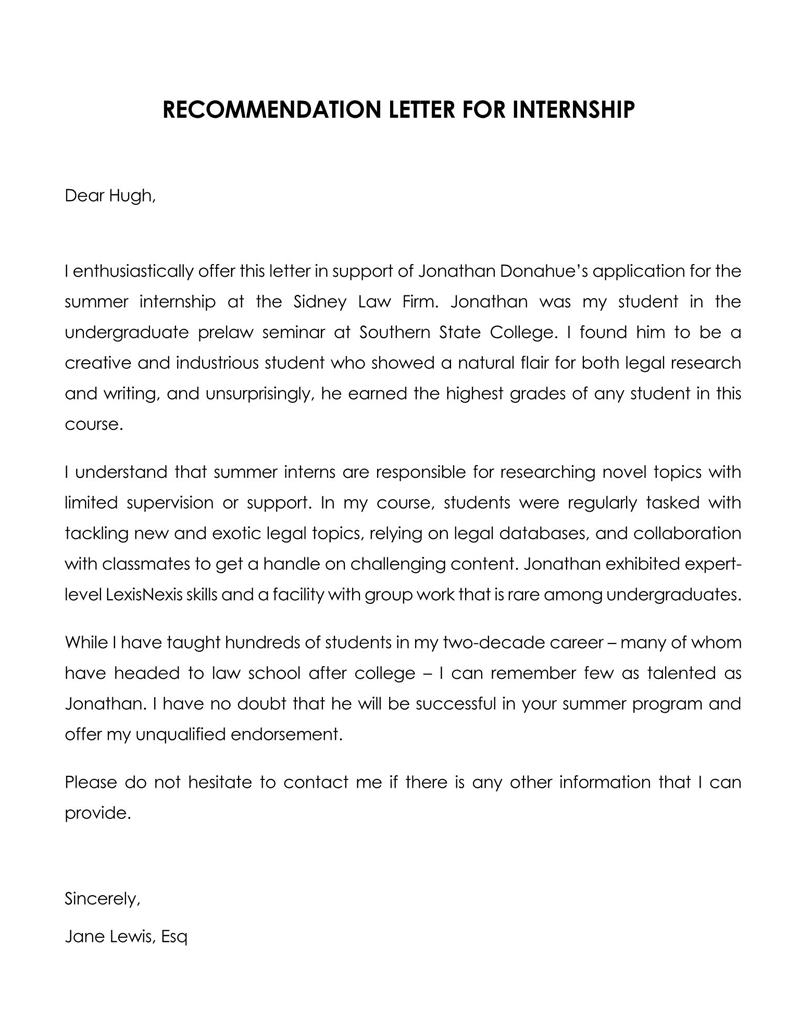 sample letter of recommendation from internship supervisor