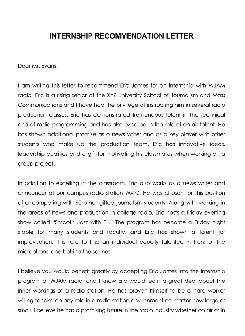 Example Recommendation Letter for Internship in Word Format 04