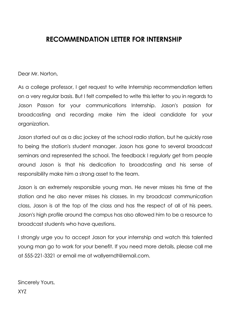 Example Recommendation Letter for Internship in Word Format 05