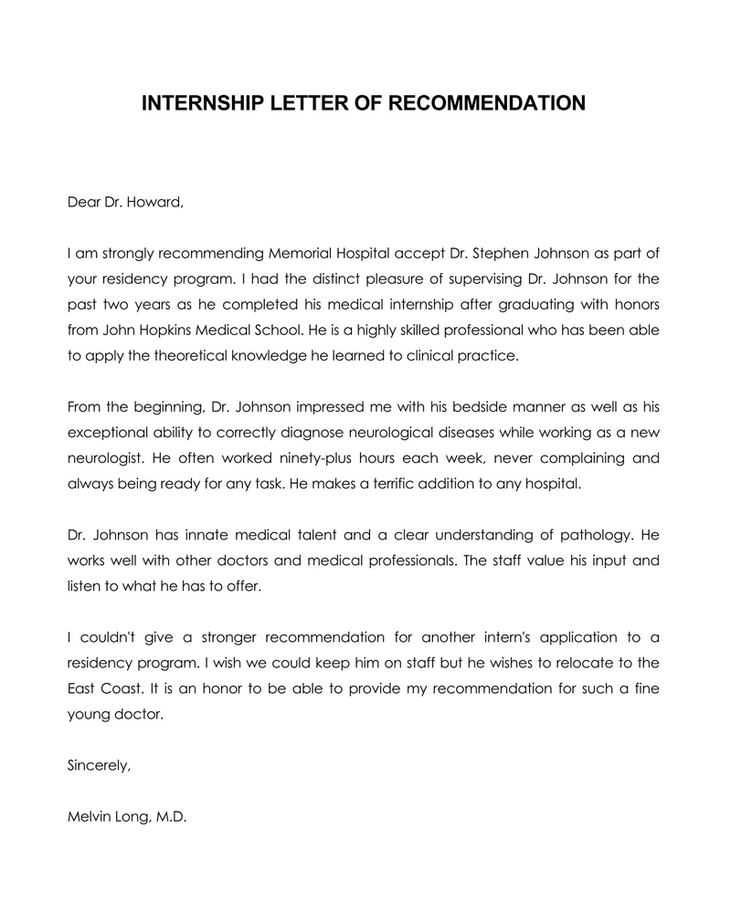 Great Professional Medical Internship Recommendation Letter Sample as Word File