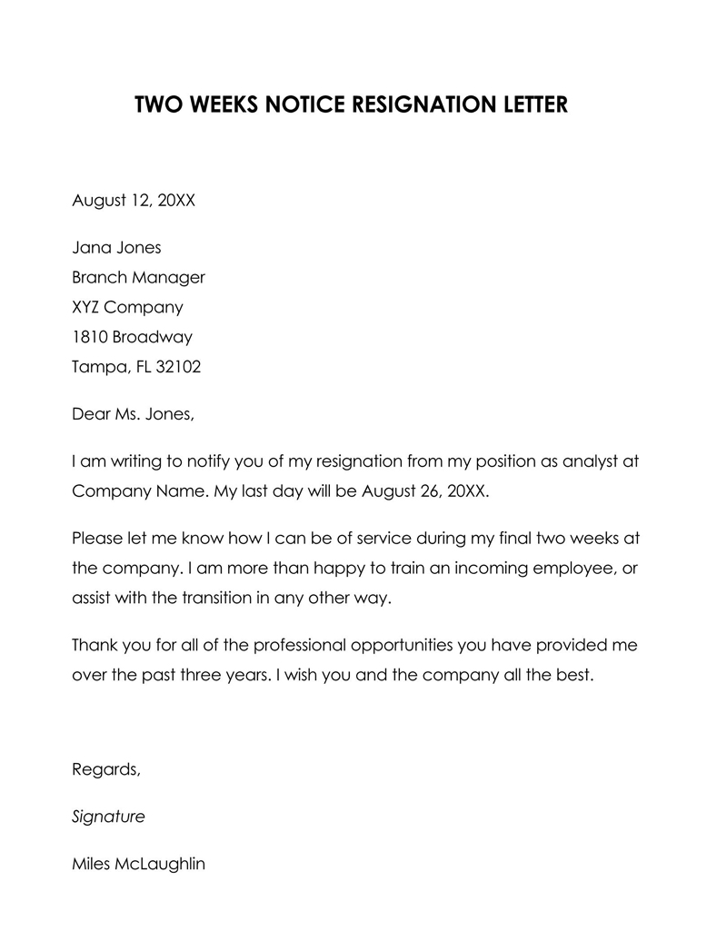 Great Downloadable Analyst Two Weeks Notice Resignation Letter Sample as Word Format