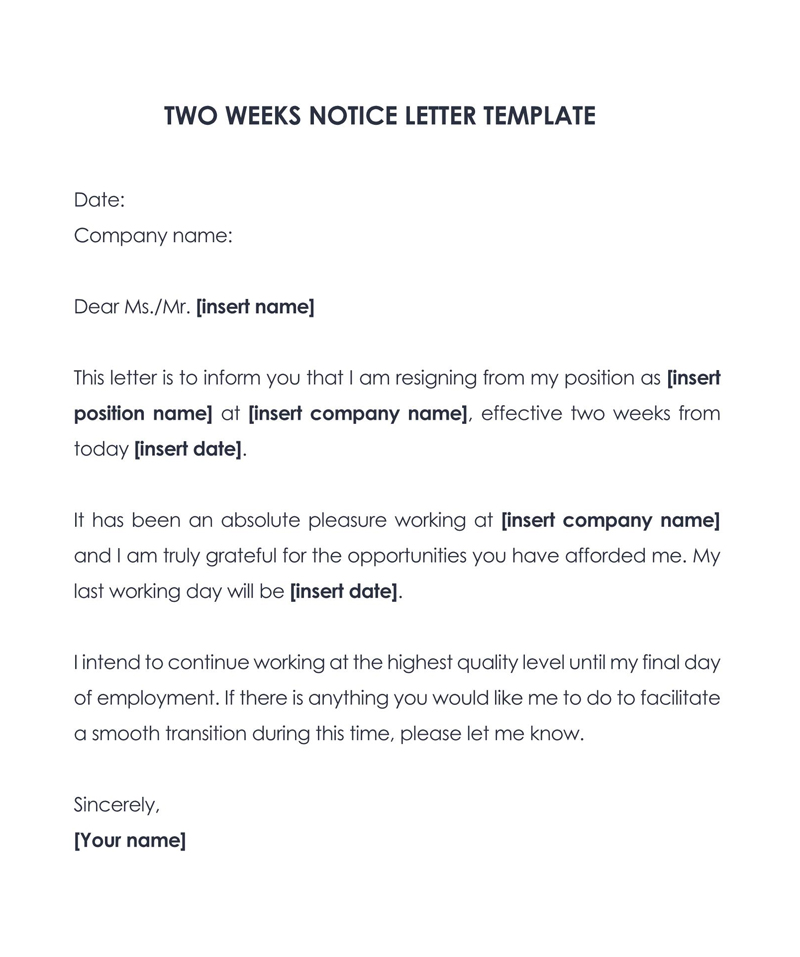 Free Fillable General Two Weeks Notice Resignation Letter Template 02 for Word Document