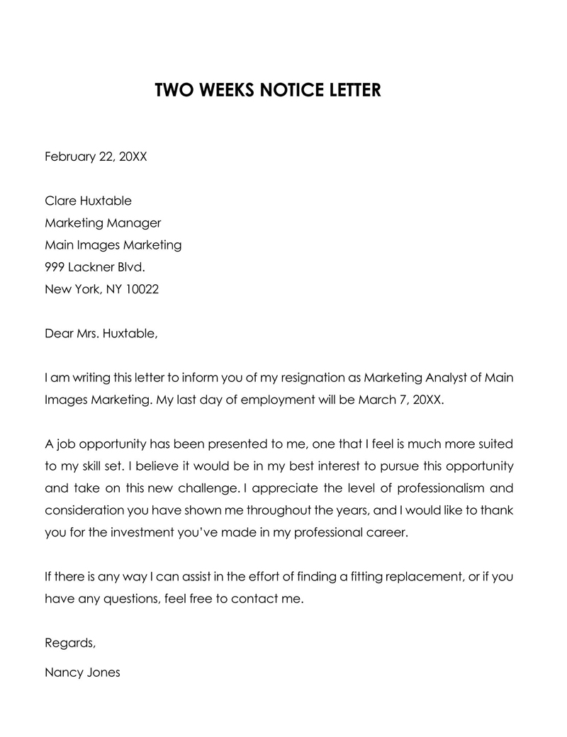 Downloadable Two Weeks' Notice Resignation Letter Template 06