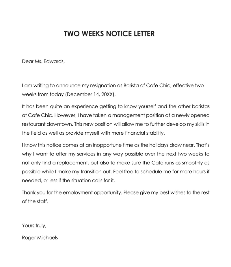 Downloadable Two Weeks' Notice Resignation Letter Template 07