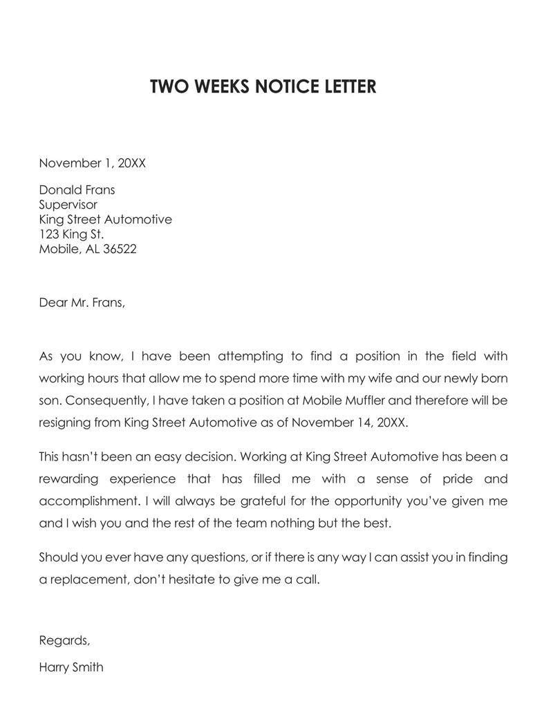 Great Downloadable Mobile Muffler Two Weeks Notice Resignation Letter Sample as Word Format