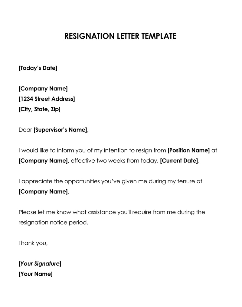 Free Fillable General Two Weeks Notice Resignation Letter Template 04 for Word Document