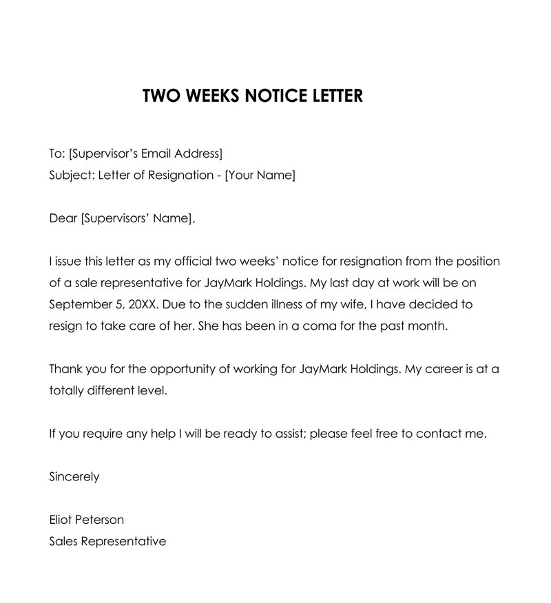 Great Professional Sales Representative Two Weeks Notice Resignation Letter Sample for Word File