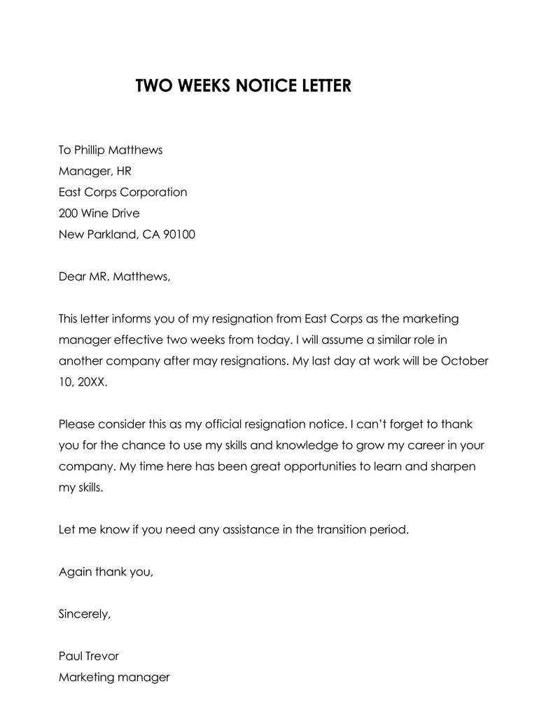 Great Professional Marketing Manager Two Weeks Notice Resignation Letter Sample for Word File