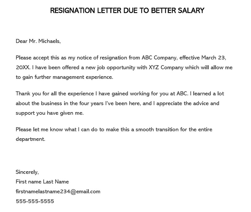 resignation letter due to financial reasons