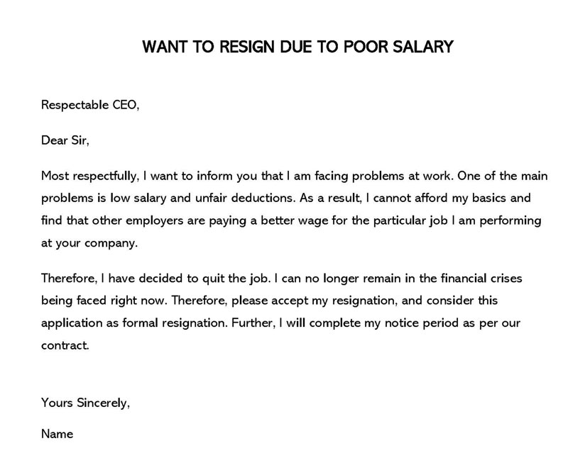 resignation letter for unsatisfied salary