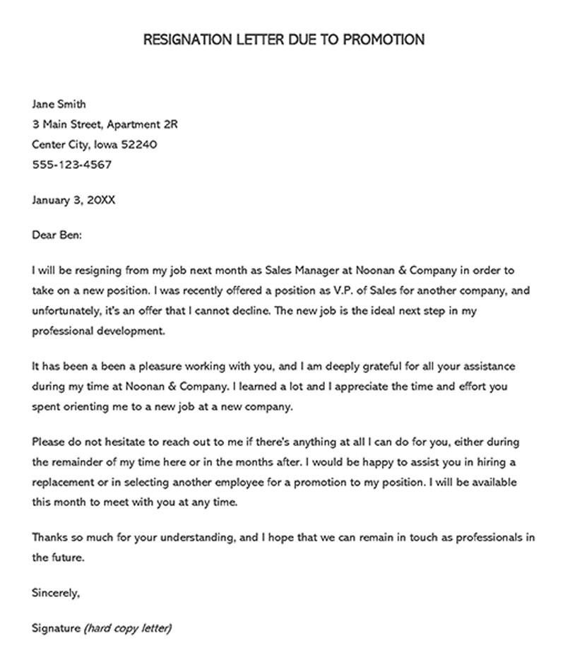 Free Resignation Letter for Job Promotion Template