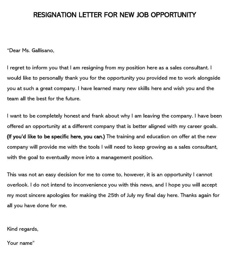 Resignation letter word format