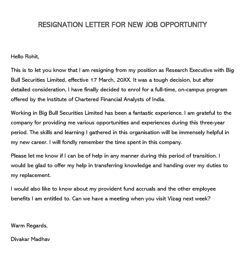 Resignation letter sample for new job